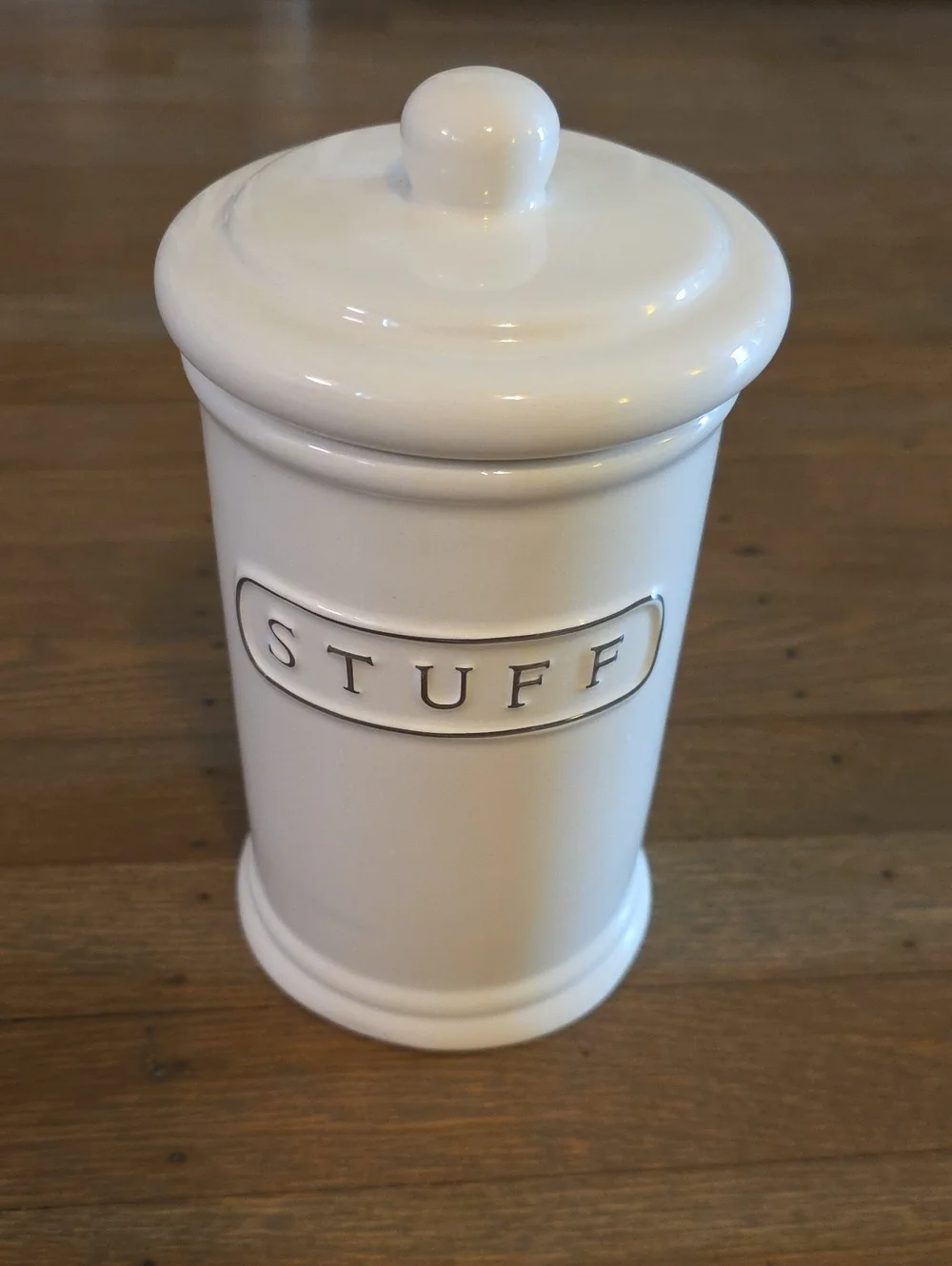 Pottery Barn White Ceramic 'STUFF' Storage Canister